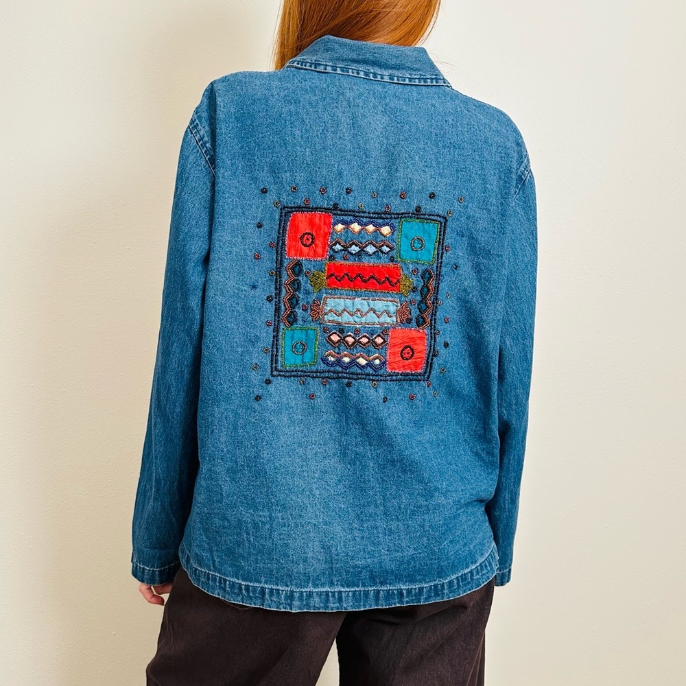 Vintage JM Collection Classic Blue Jean Jacket with Beaded Accents Boho Denim